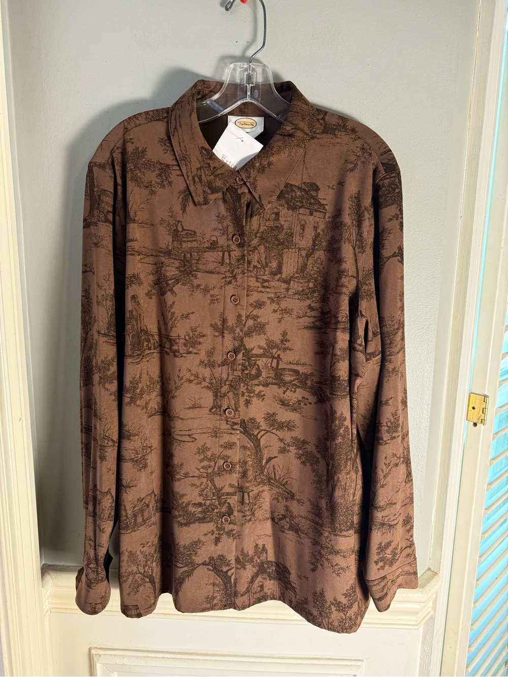 NWT Talbots Brown Toile Print Button Down Shirt XL Cottagecore